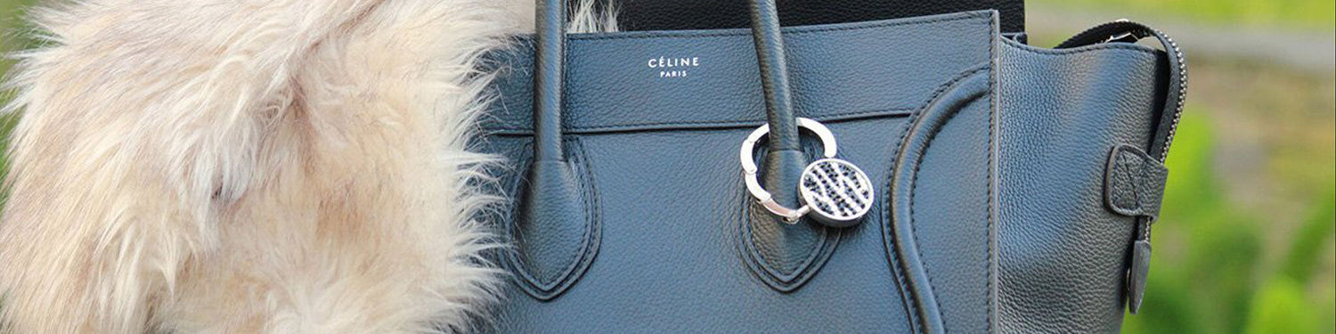 A monogram Luxe Link hook hanging from the handle of a black leather tote